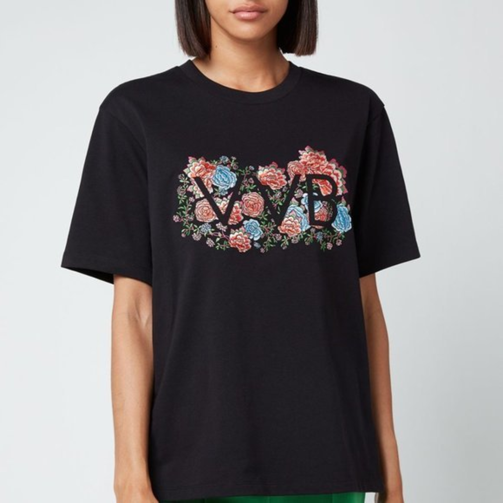 Victoria‎ Beckham Black Embroidered Floral Logo Bloo Heavy Jersey Cotton T-Shirt